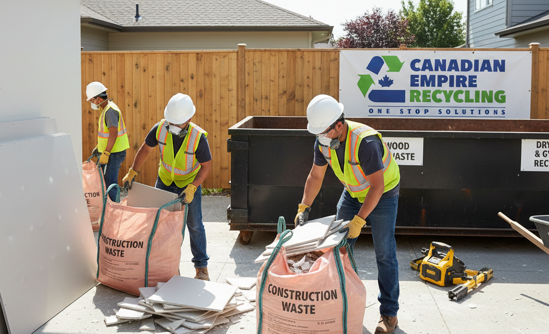 Workers placing broken drywall into heavy-duty disposal bags at an Abbotsford renovation site