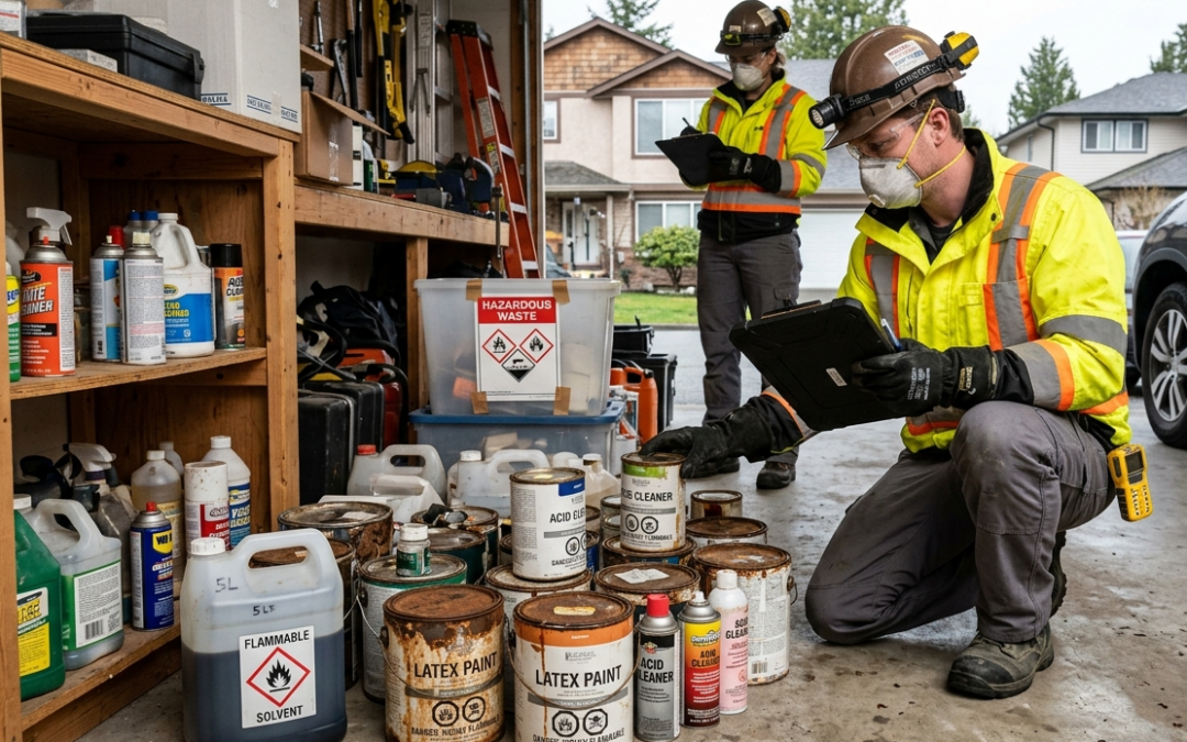 Hazardous Waste Disposal Coquitlam worker inspecting chemical containers and hazardous materials on a property.