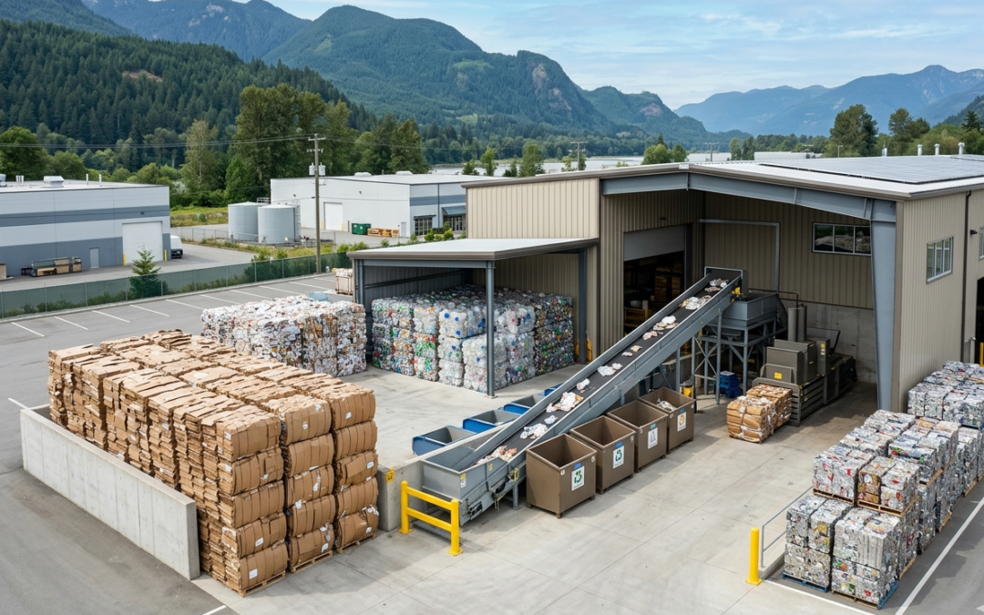 Commercial recycling facility in Maple Ridge with sorted cardboard, plastic, paper, and metal materials