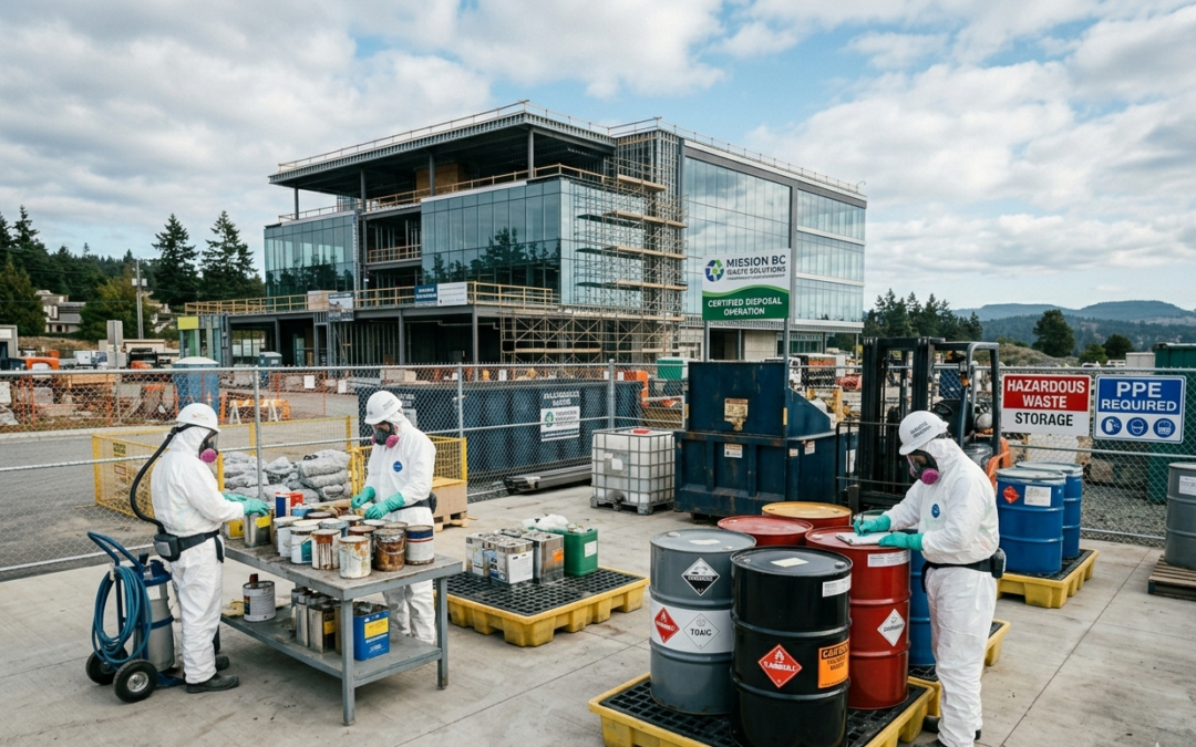 Hazardous waste disposal service in Mission with paint cans and chemical waste containers