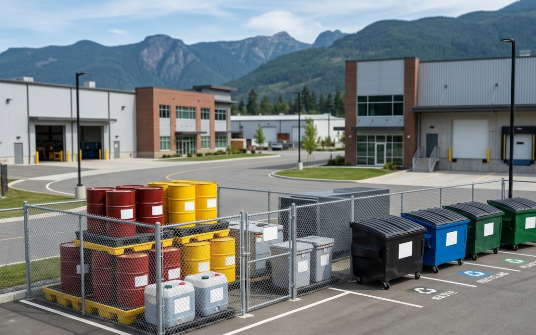 Hazardous waste containers at a commercial property in Mission