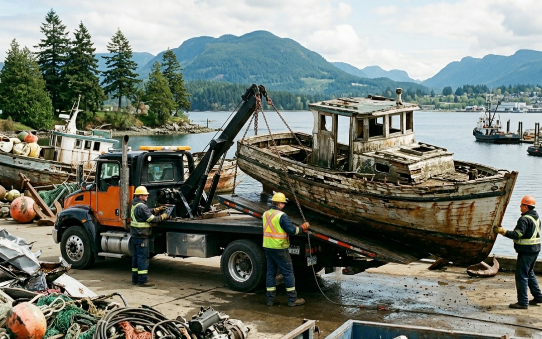 Boat Recycling Nanaimo team removing an old damaged fishing boat safely from a coastal property