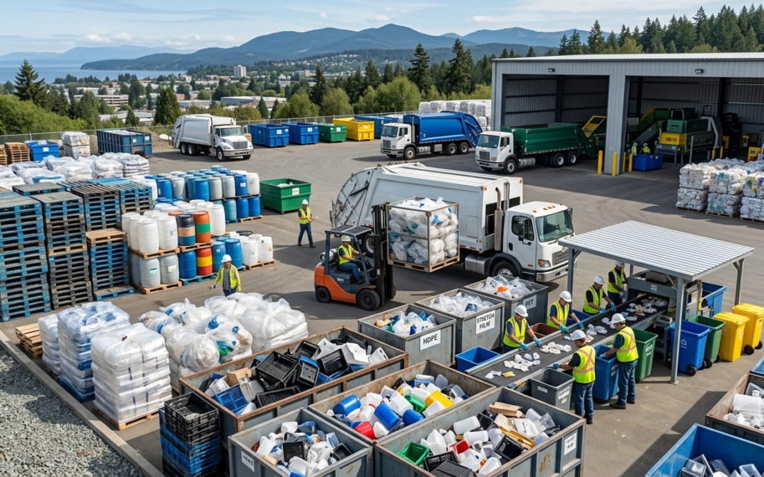 Commercial plastic waste prepared for recycling in Nanaimo.