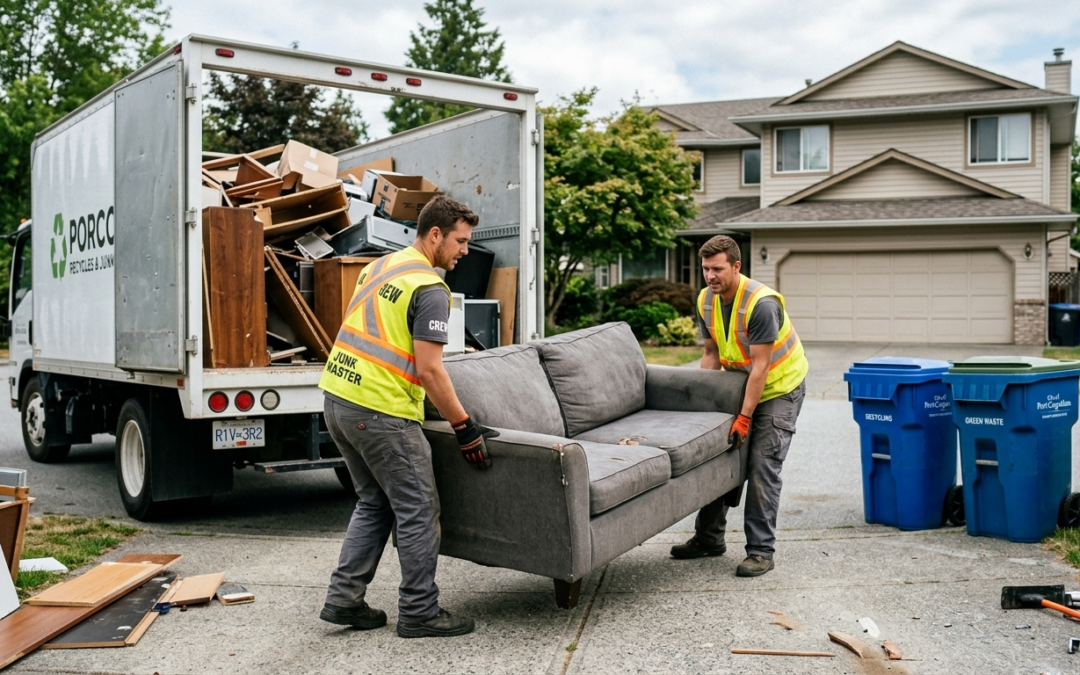 Junk removal service in Port Coquitlam loading waste into truck for eco-friendly disposal.
