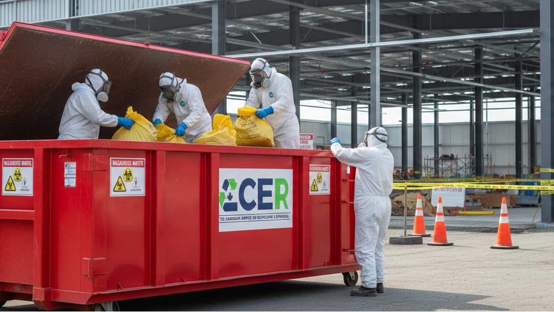 Commercial Asbestos Waste Disposal Richmond site with labeled asbestos bin and workers in protective gear handling sealed hazardous materials.