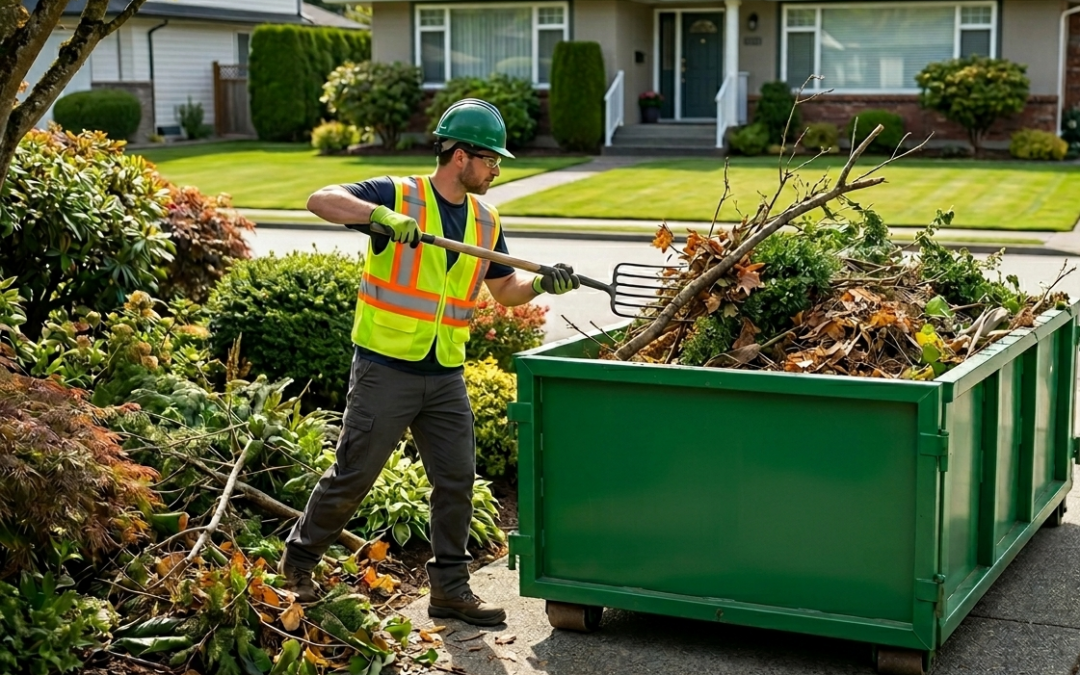 Bin Rental Services Richmond worker loading tree branches and garden waste into a rental bin.