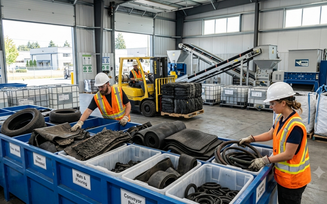 Workers sorting recyclable rubber materials at a Rubber Recycling Abbotsford facility.