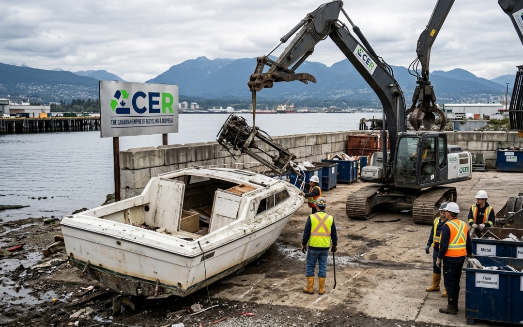 Boat recycling and disposal facility in Vancouver dismantling an old marine vessel