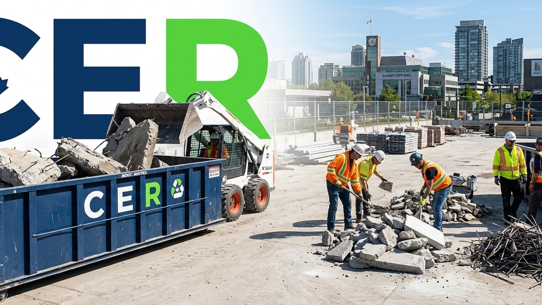 Concrete Removal Surrey with workers loading debris into a same-day bin rental