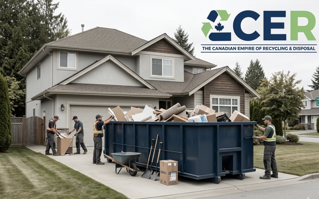 Bin rental services Surrey showing workers loading waste into driveway bin