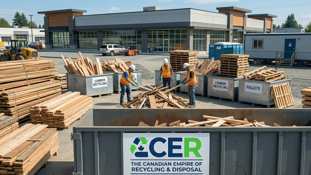 Wood recycling Surrey construction site with sorted lumber and recyclable building materials.
