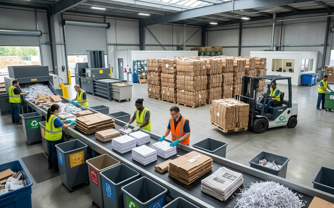 Paper recycling Surrey facility with cardboard boxes commercial recycling by Canadian Empire Recycling.